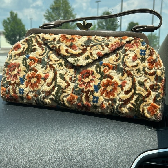 Graceline vintage chenille bag fall colors leather handle fully lined kiss lock - Picture 4 of 17